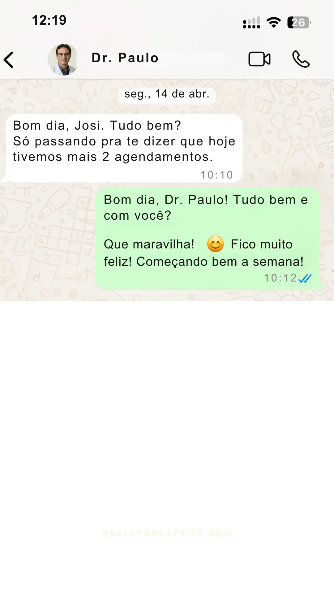 Depoimento de cliente da área da saúde no WhatsApp