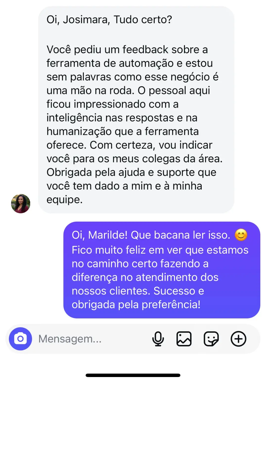 Depoimento de cliente sobre atendimento no Instagram